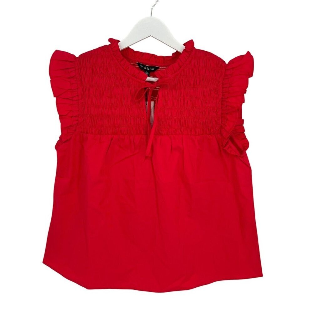 Strut‎ & Bolt Smocked Bodice Top Red Size L Flutter Cap Sleeve Tie Front NWT